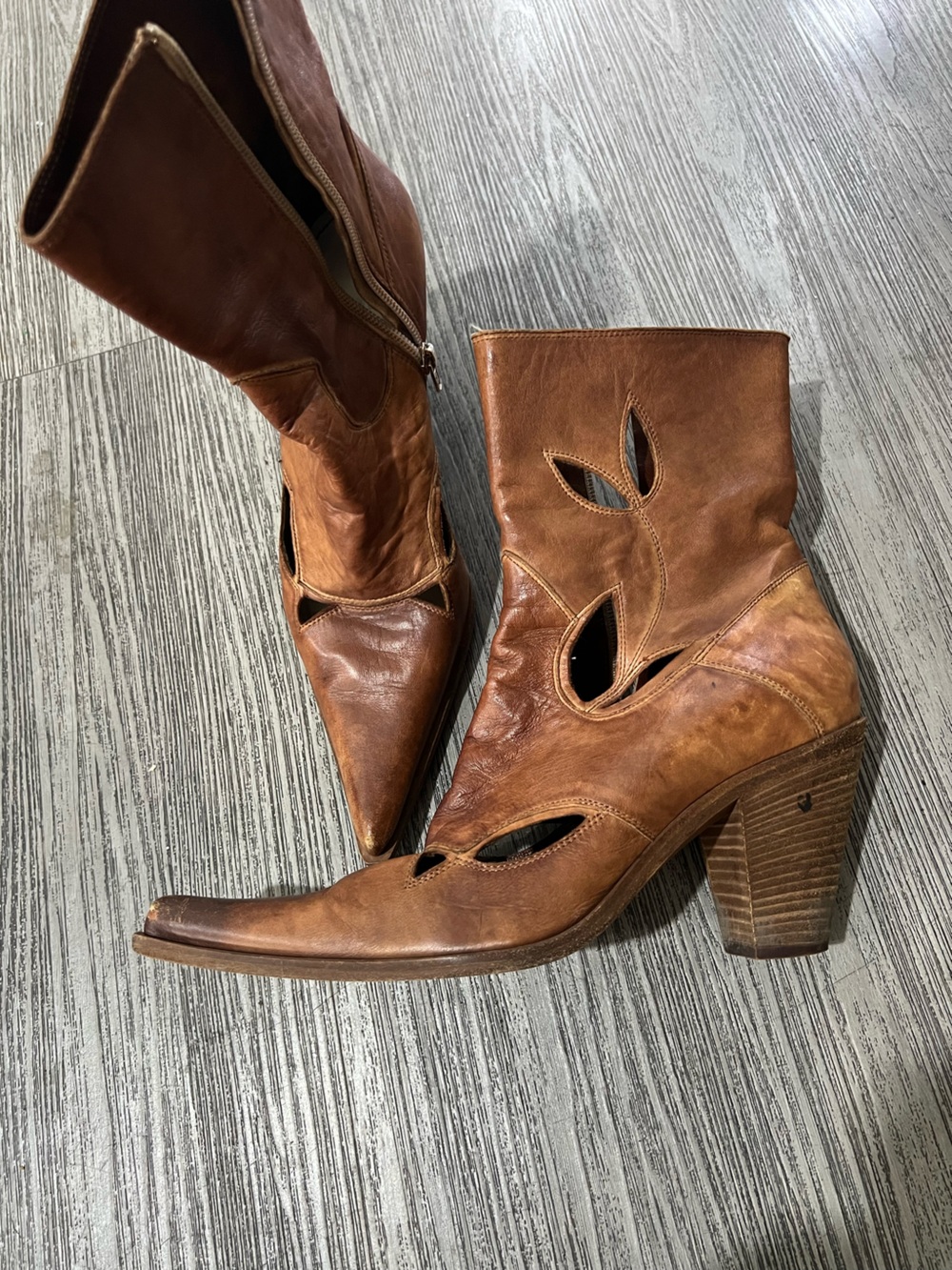 Vintage Women's Brown Cutout Leather Ankle Boots